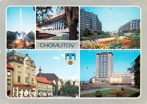 AK / Ansichtskarte Chomutov Stadtmotive Gebaeude Hochhaus Fontaene Chomutov