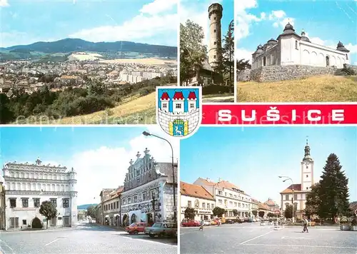 AK / Ansichtskarte Susice Stadtpanorama Schloss Turm Barockkirche Historischer Platz Susice