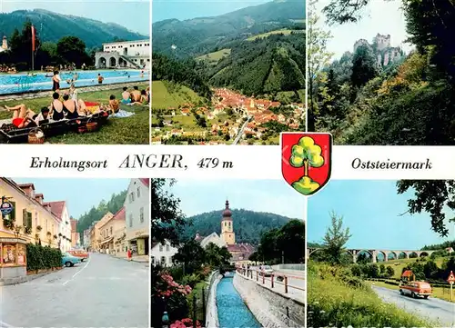 AK / Ansichtskarte Anger_Steiermark Schwimmbad Campingplatz Ruine Waxenegg Hauptplatz Pfarrkirche Viadukt Anger_Steiermark