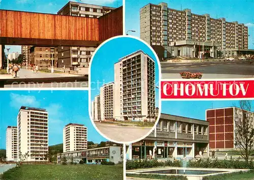 AK / Ansichtskarte Chomutov Obchodnim centrem Ul Rijnove revoluce Bezrucova ul Erenburga Sluzby a restaurace Severka Chomutov