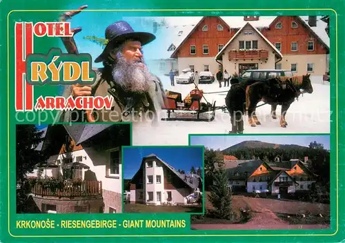 AK / Ansichtskarte Harrachov_Harrachsdorf Hotel Rydl im Riesengebirge Pferdeschlitten Harrachov Harrachsdorf