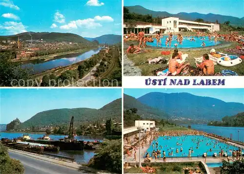 AK / Ansichtskarte Usti_nad_Labem Panorama Freibad Elbe Binnenschifffahrt Usti_nad_Labem