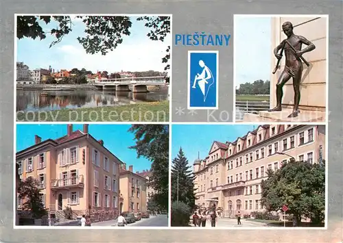 AK / Ansichtskarte Piestany Uferpartie an der Waag Statue Badehas Innenstadt Piestany