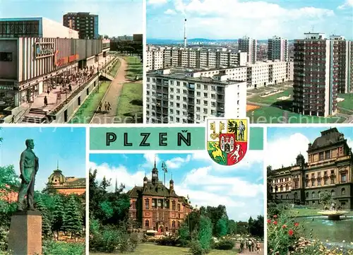 AK / Ansichtskarte Plzen_Pilsen Einkaufszentrum Wohnsiedlung Denkmal Museum Theater Plzen Pilsen