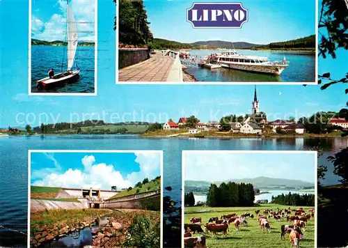 AK / Ansichtskarte Frymburk_Friedberg Lipno Damm Stausee Bootsanleger Ferienort mit Kirche Viehweide Frymburk Friedberg