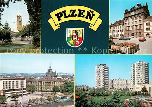 AK / Ansichtskarte Plzen_Pilsen Kirche Rathaus Stadtpanorama Wohnsiedlung Hochhaeuser Plzen Pilsen