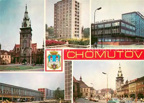AK / Ansichtskarte Chomutov Marktplatz Kirche Hochhaus Innenstadt Chomutov