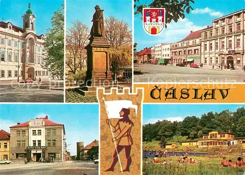 AK / Ansichtskarte Caslav Rathaus Denkmal Jana Zizky z Trocnova Platz Hotel Freibad Caslav