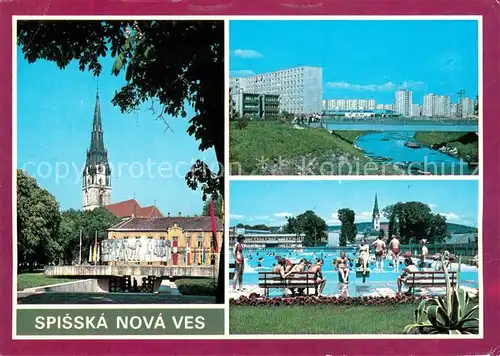 AK / Ansichtskarte Spisska_Nova_Ves Platz Innenstadt Kirchturm Wohnsiedlung Hochhaeuser Freibad Spisska_Nova_Ves