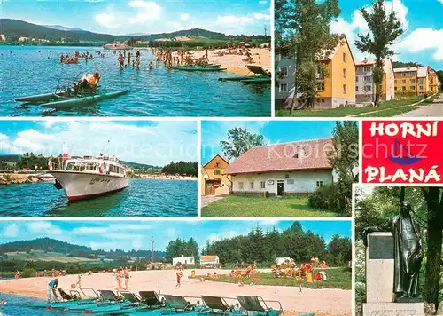 AK / Ansichtskarte Horni_Plana Badestrand Moldaustausee Fahrgastschiff Denkmal Ortsmotiv Horni_Plana