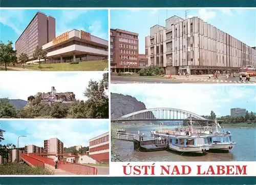 AK / Ansichtskarte Usti_nad_Labem Motiv Innenstadt Hochhaeuser Siedlung Elbe Hafen Fahrgastschiffe Usti_nad_Labem