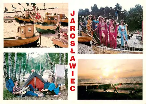 AK / Ansichtskarte Jaroslawiec Boote am Strand Maedchengruppe Zeltlager Panorama 