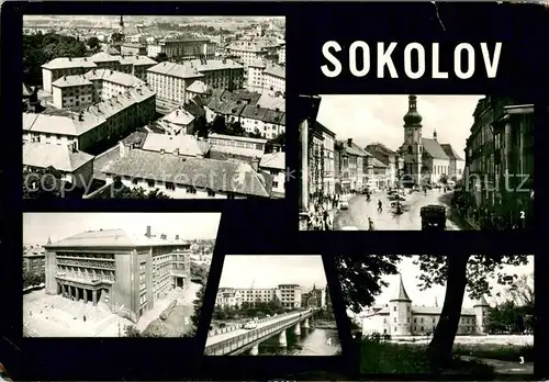AK / Ansichtskarte Sokolov Pohled na novou casta mesta Nemesti 9 kvetna Zamek Hornicke muzeum Most pres Ohri Hornicky dum Sokolov