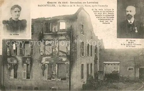 AK / Ansichtskarte Badonviller Guerre de 1914 Invasion en Lorraine Maison de M. Benoit Maire Ruines Grande Guerre Truemmer 1. Weltkrieg Badonviller