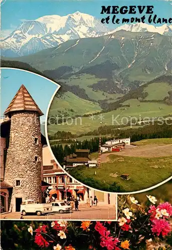 AK / Ansichtskarte Megeve Panorama Blick zum Mont Blanc Massif Ortsmotiv Turm Megeve