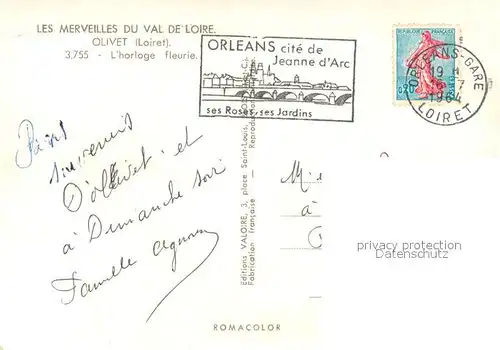 AK / Ansichtskarte Olivet_Loiret Horloge fleurie Blumenuhr Olivet Loiret