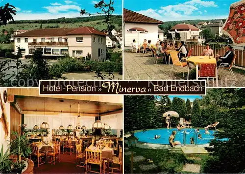 AK / Ansichtskarte Bad_Endbach Hotel Pension Minerva Gaststube Terrasse Swimmingpool Bad_Endbach
