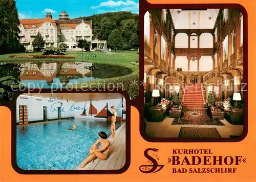 AK / Ansichtskarte Bad_Salzschlirf Kurhotel Badehof Treppenaufgang Hallenbad Park Teich Bad_Salzschlirf