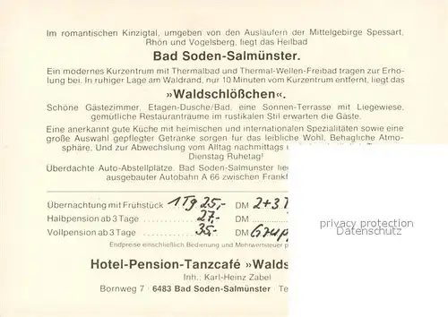 AK / Ansichtskarte Bad_Soden Salmuenster Hotel Pension Waldschloesschen Tanzcafe Terrasse Bad_Soden Salmuenster