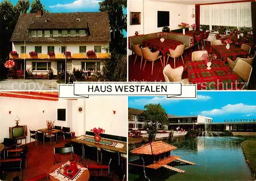 AK / Ansichtskarte Bad_Waldliesborn Haus Westfalen Kurzentrum Gastraum TV Raum Schwanenteich Bad_Waldliesborn