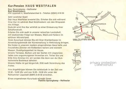 AK / Ansichtskarte Bad_Waldliesborn Haus Westfalen Kurzentrum Gastraum TV Raum Schwanenteich Bad_Waldliesborn