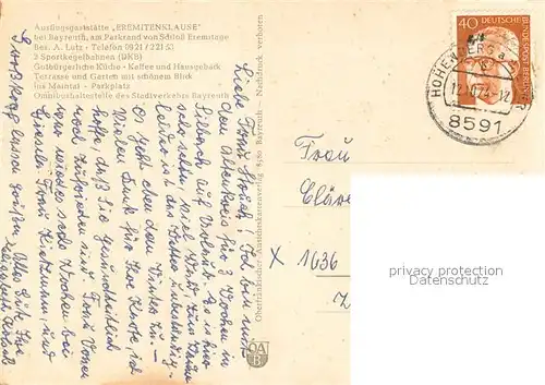 AK / Ansichtskarte Bayreuth Ausflugsgaststaette Eremitenklause Kegelbahn Bayreuth