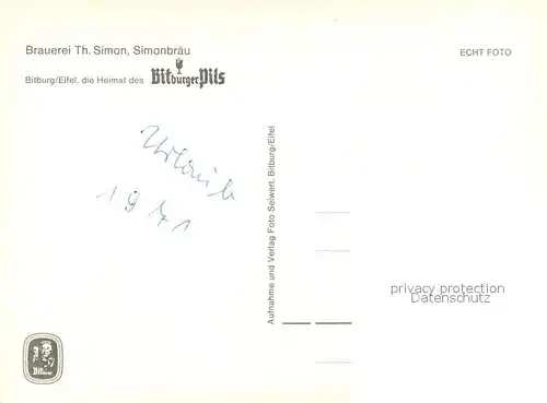 AK / Ansichtskarte Bitburg Brauerei Th. Simon Simonbraeu Bittburger Pils Brunnen Bitburg
