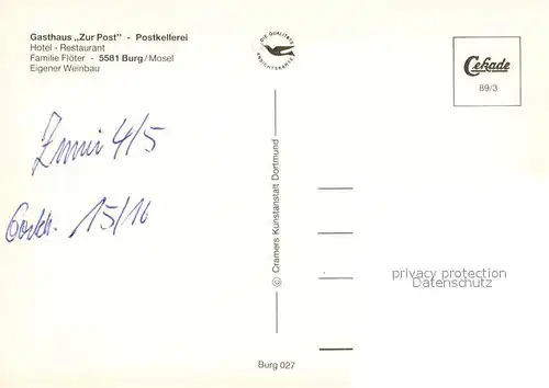 AK / Ansichtskarte Burg_Mosel Gasthaus Zur Post Postkellerei Gaststube Terrasse Burg_Mosel
