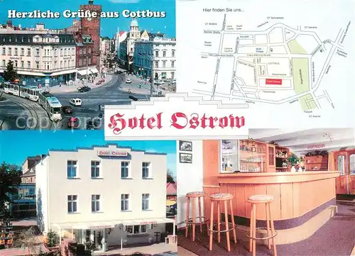 AK / Ansichtskarte Cottbus Hotel Ostrow Bar Innenstadt Strassenbahn Stadtplan Cottbus