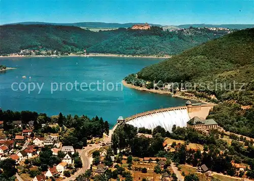 AK / Ansichtskarte Edersee Fliegeraufnahme mit Sperrmauer und Schloss Waldeck Edersee