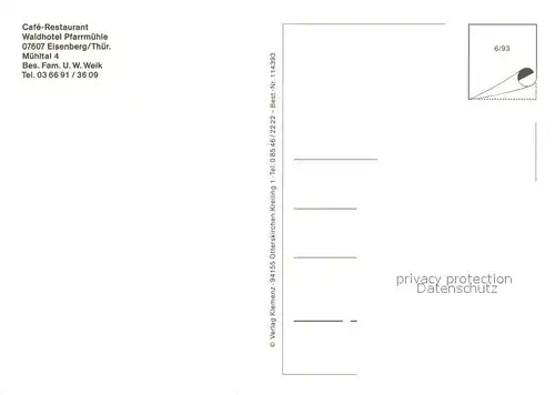 AK / Ansichtskarte Eisenberg_Thueringen Cafe Restaurant Waldhotel Pfarrmuehle Waldpartie Wanderweg Eisenberg Thueringen