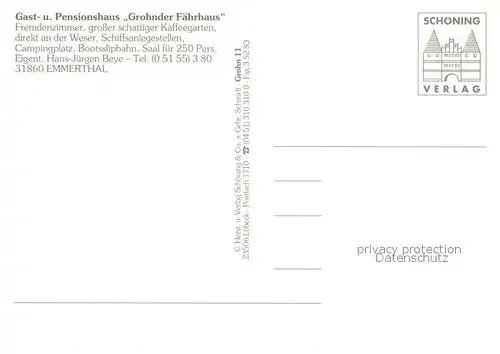 AK / Ansichtskarte Emmerthal_Niedersachsen Gast und Pensionshaus Grohnder Faehrhaus Weserfaehre Schiffsanleger Kaffeegarten Ponyreiten Campingplatz Blick zur Burg Grohnde Emmerthal Niedersachsen