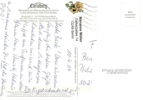 AK / Ansichtskarte Falkenberg_Mark Carlsburg Historisches Panoramarestaurant Erlebniswelt der Geschenke Wasserfall Denkmal Hahn Eulen Falkenberg Mark