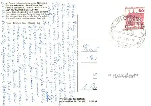 AK / Ansichtskarte Ferschweiler Gasthaus Pension Zum Felsenpfad Gastraeume Felsen Ferschweiler