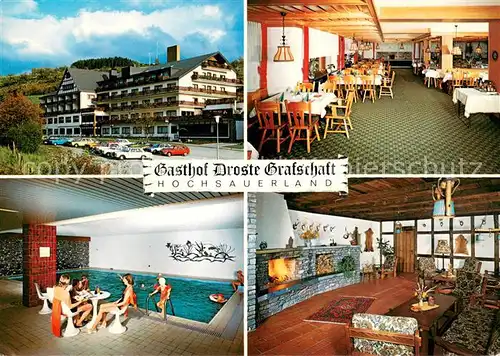 AK / Ansichtskarte Grafschaft_Schmallenberg Gasthof Droste Gastraum Hallenbad Kaminzimmer 