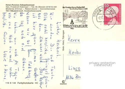 AK / Ansichtskarte Haeusern_Schwarzwald Hotel Pension Schwalbennest Haeusern Schwarzwald