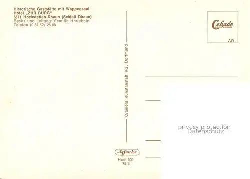 AK / Ansichtskarte Hochstetten Dhaun Historische Gaststaette mit Wappensaal Hotel Zur Burg Grillplatz Kegelbahn Hochstetten Dhaun