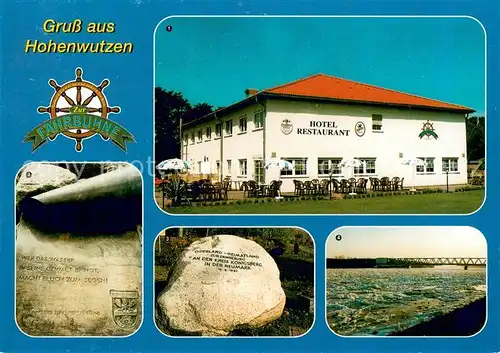 AK / Ansichtskarte Hohenwutzen Hotel Restaurant Cafe Zur Faehrbuhne Oderwelle Gedenkstein Oder Bruecke im Winter Hohenwutzen