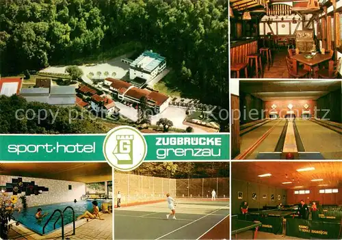 AK / Ansichtskarte Hoehr Grenzhausen Sporthotel Zugbruecke Grenzau Hallenbad Tennis Tischtennis Kegeln Hoehr Grenzhausen