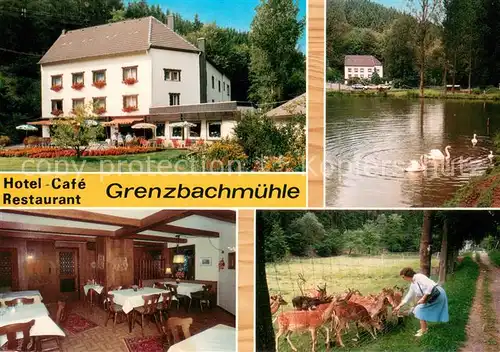 AK / Ansichtskarte Horhausen_Westerwald Hotel Cafe Restaurant Grenzbachmuehle Schwanenteich Wildgehege Horhausen_Westerwald