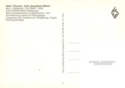AK / Ansichtskarte Horhausen_Westerwald Hotel Cafe Restaurant Grenzbachmuehle Schwanenteich Wildgehege Horhausen_Westerwald