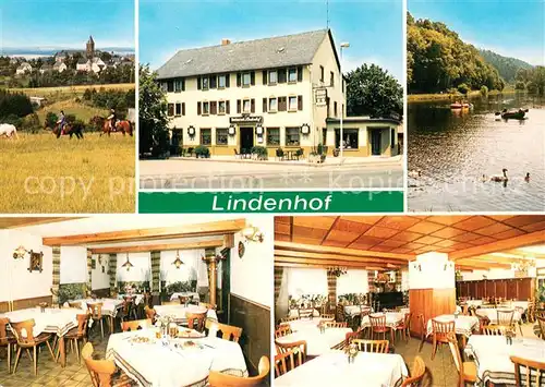 AK / Ansichtskarte Horhausen_Westerwald Restaurant Pension Lindenhof Partie am Fluss Bootfahren Horhausen_Westerwald