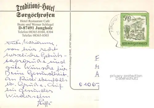 AK / Ansichtskarte Jungholz_Wertach Traditionshotel Sorgschrofen Gastraeume Bueffet Jungholz Wertach