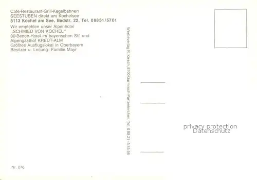 AK / Ansichtskarte Kochel_See Cafe Restaurant Seestuben Kegelbahn Kochel_See