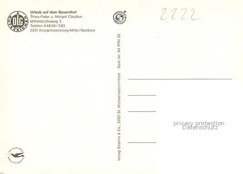 AK / Ansichtskarte Kronprinzenkoog Urlaub auf dem Bauernhof Thies Peter und Margot Claussen Kronprinzenkoog