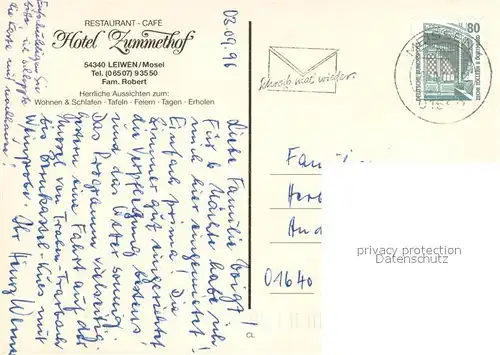 AK / Ansichtskarte Leiwen_Mosel Restaurant Cafe Hotel Zummethof Terrasse Landschaftspanorama Moselschleife Leiwen Mosel
