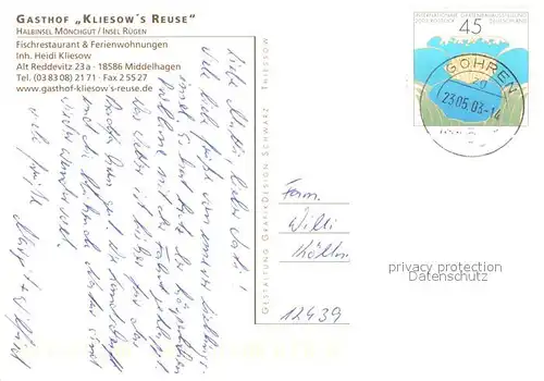AK / Ansichtskarte Middelhagen_Ruegen Gasthof Kliesows Reuse Bar Gaestezimmer Middelhagen Ruegen