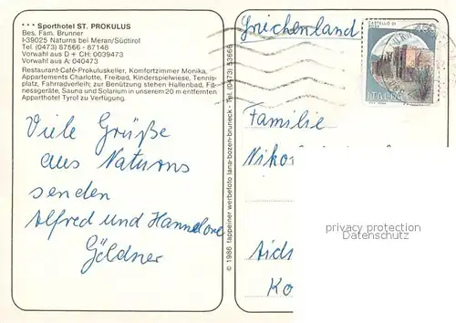 AK / Ansichtskarte Naturns Sporthotel St. Prokulus Garten Naturns