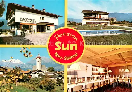 AK / Ansichtskarte Natz_Brixen_Suedtirol Pension Restaurant Sun Swimming Pool Ortsmotiv mit Kirche Natz_Brixen_Suedtirol