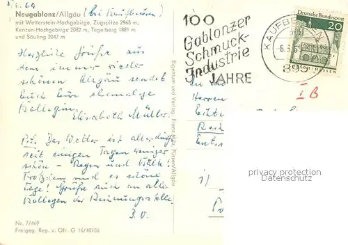 AK / Ansichtskarte Neugablonz Fliegeraufnahme mit Wetterstein Zugspitze Kenzen Hochgebirge Tegelberg und Saeuling Neugablonz